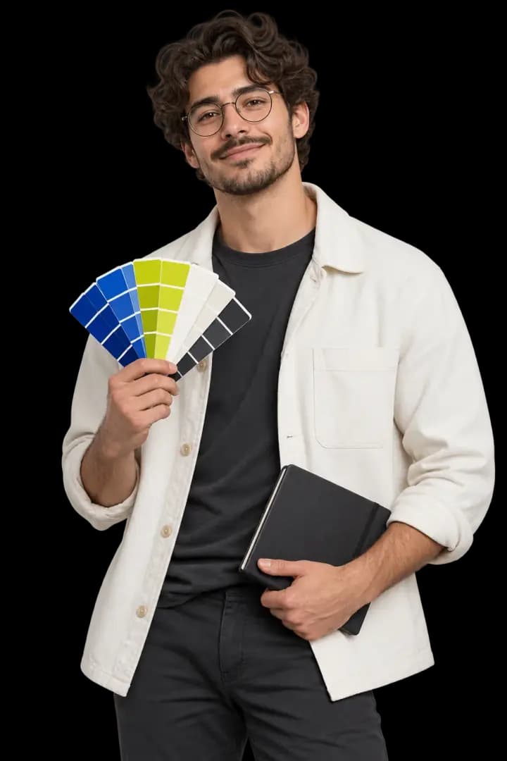 Designer holding brand colour swatches and a tablet