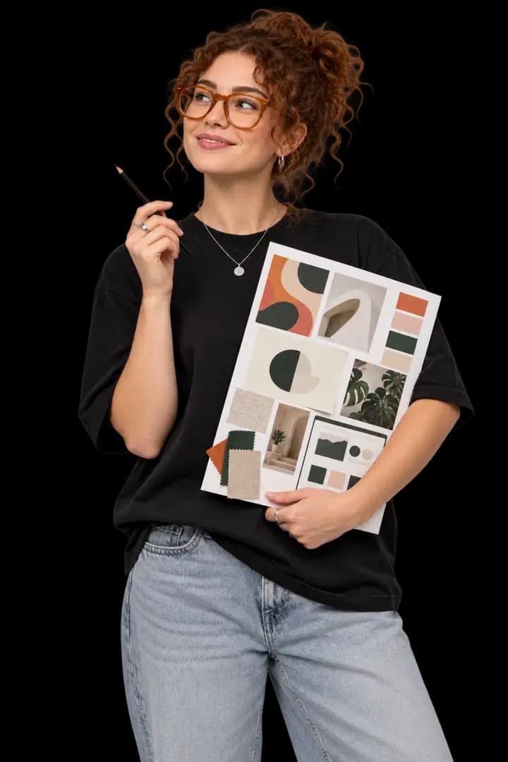 Designer sketching a layout while holding a printed moodboard