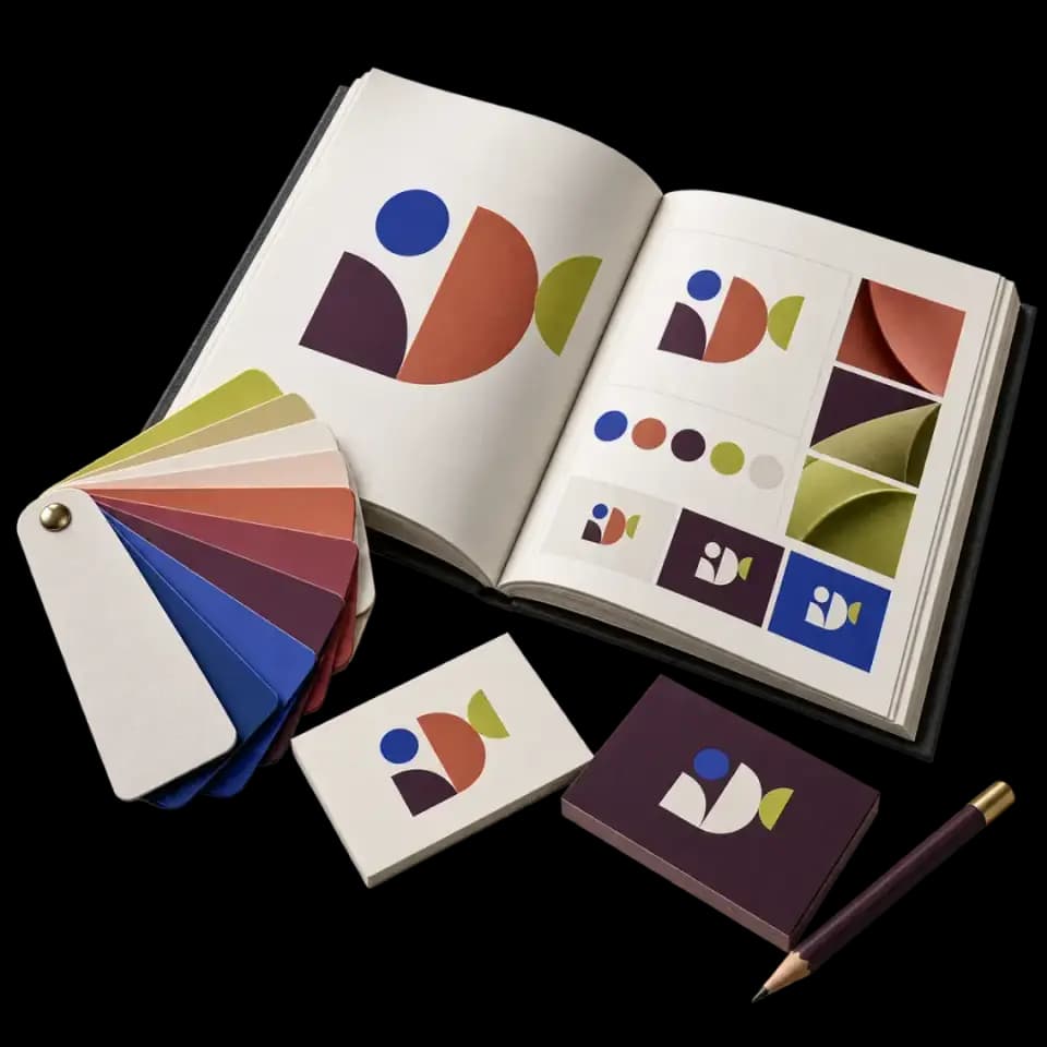 Open brand guidelines book with colour swatches and printed cards